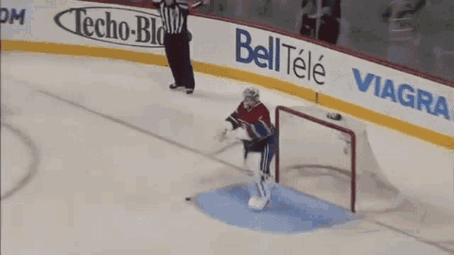 a hockey goalie is wearing a mask and holding a stick in front of the net .