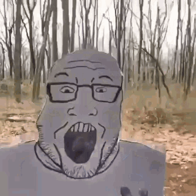 a cartoon of a man with glasses and a beard is standing in the woods .
