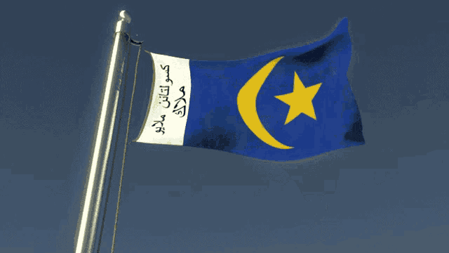 a blue flag with a yellow star and a crescent moon is waving in the wind