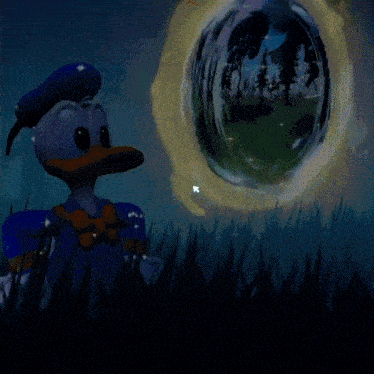 donald duck is standing in the grass looking at a reflection of himself in a mirror