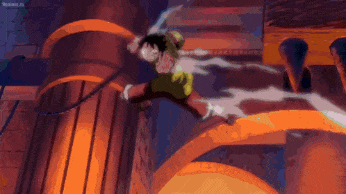 a cartoon character in a yellow outfit is flying through the air