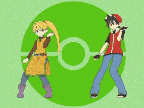 a boy and a girl are dancing in front of a green background