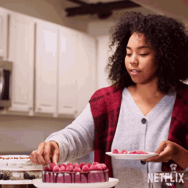 a woman is preparing a dessert with a netflix logo in the background