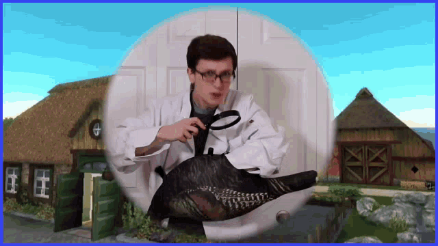 a man in a white lab coat is holding a magnifying glass