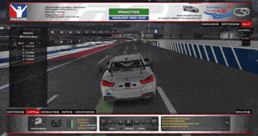 a computer screen shows a car driving down a race track and a practice button