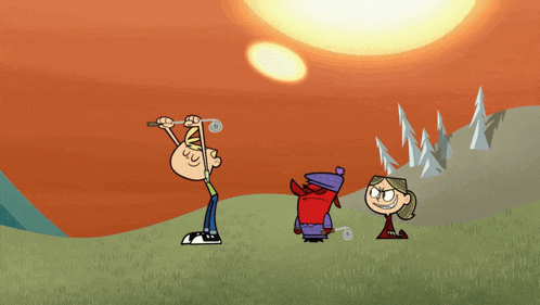 a red cartoon character wearing a purple hat and a plaid shirt