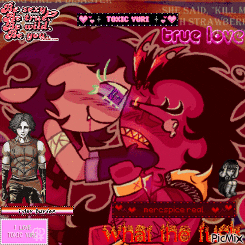 a cartoon of a man and a woman kissing with the words toxic yuri in the upper left corner
