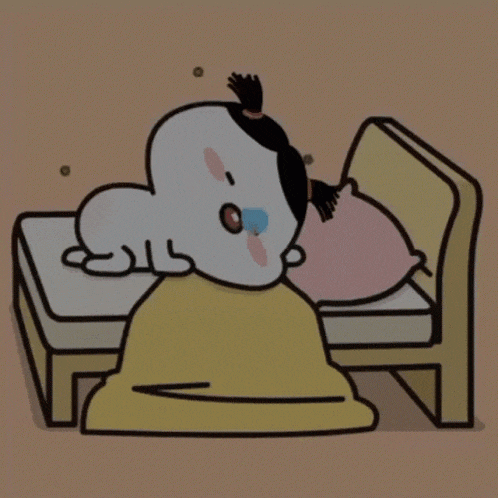 a cartoon drawing of a person laying on a bed with a yellow blanket