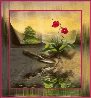 a painting of a flower and a shovel with a pink border