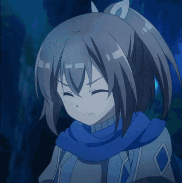a girl with a ponytail is wearing a blue scarf