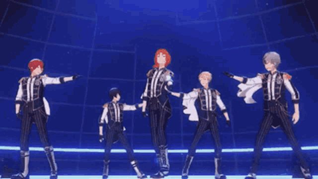 a group of anime characters are dancing on a stage in front of a crowd .