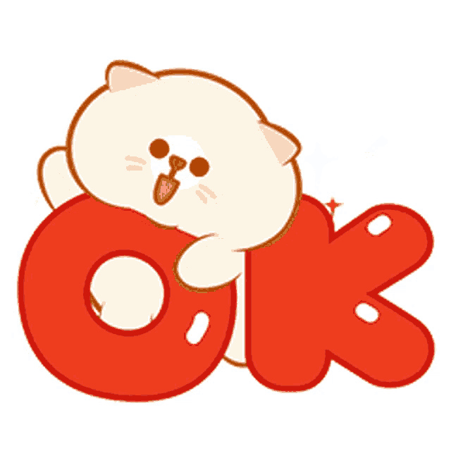 a cartoon cat is hugging a red letter ok