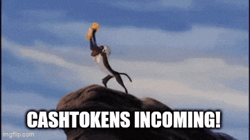 a monkey is standing on top of a rock with the words cashtokens incoming written below it