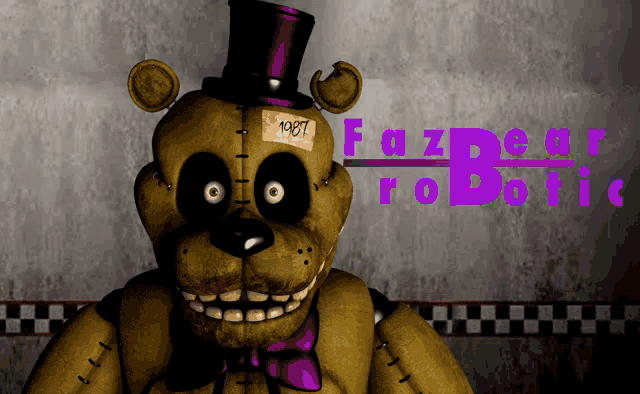 a yellow teddy bear with a purple top hat and a patch that says ' 1987 ' on it