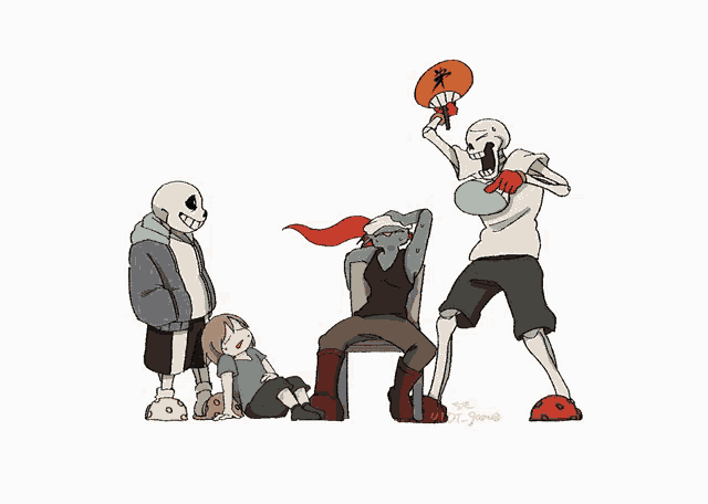 a group of skeletons are standing next to each other and one of them is holding a sign that says e.
