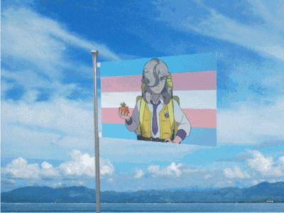 a transgender flag with a man holding a pineapple on it