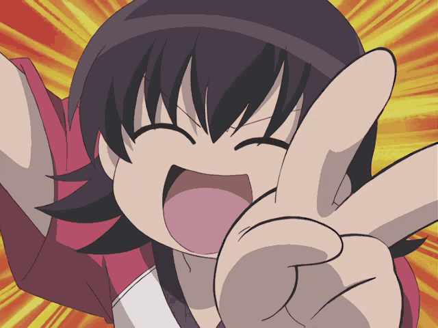 a cartoon girl is making a peace sign