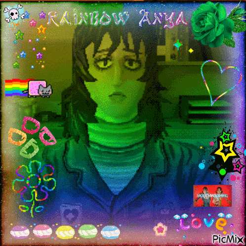 a picture of a girl with rainbow anya written on the top