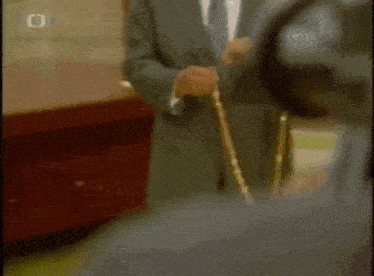a man in a suit and tie holds a cane
