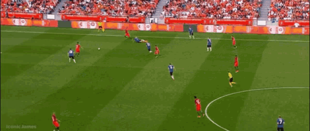 a soccer game is being played in front of a crowd with iconic james written in the corner