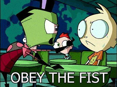 a cartoon says obey the fist on the bottom right