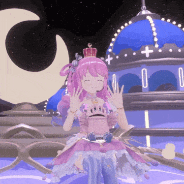 a girl with pink hair and a crown on her head stands in front of a dome