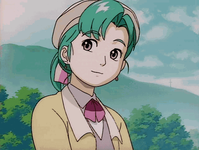 a girl with green hair is wearing a white hat and a yellow jacket