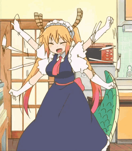 a girl in a maid outfit is holding a dragon tail in her hands