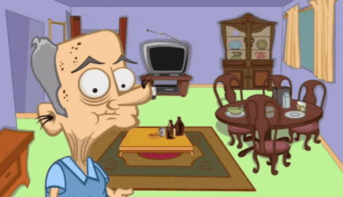 a cartoon of a man in a living room with a table and chairs