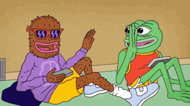 a cartoon of a man wearing sunglasses and a purple shirt with the letter s on it