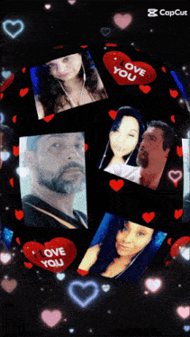 a collage of pictures with a red heart that says " love you "