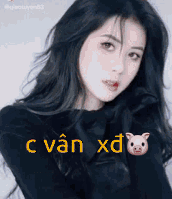 a woman with long black hair is wearing a black shirt with a pig on it and the words c van xd