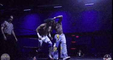 two men are wrestling in a ring with the word twp on the bottom left