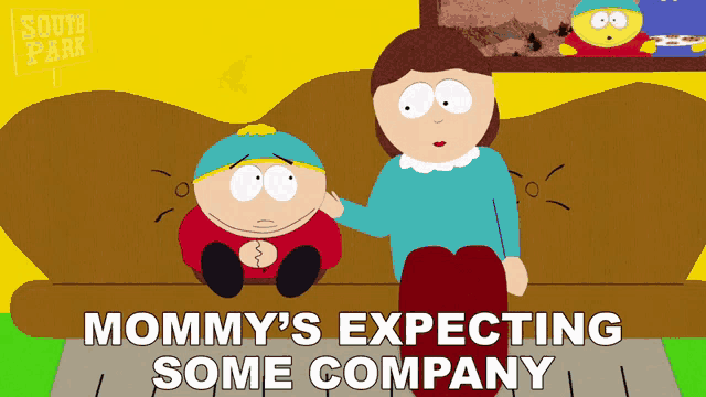a cartoon of a woman sitting next to a child with the words " mommy 's expecting some company "