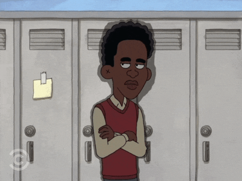 a cartoon character is standing in front of a wall of lockers with a note taped to it