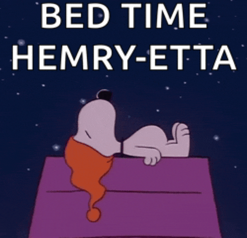 a cartoon of snoopy laying in bed with the words bed time hemry-etta