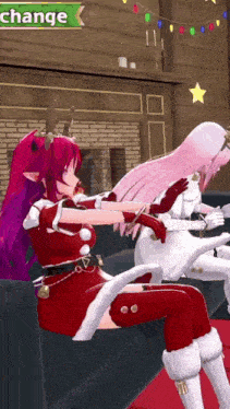 two anime girls are sitting on a couch with a sign that says change in the corner