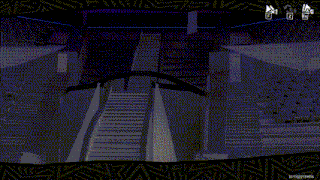 a black and white image of a video game with a staircase in the background