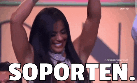 a woman is smiling with her arms in the air and the word soporten is on the screen behind her