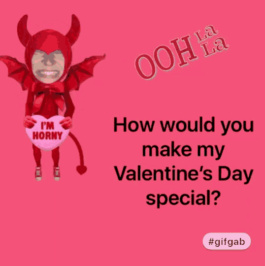 a devil holding a heart that says i 'm horny on it