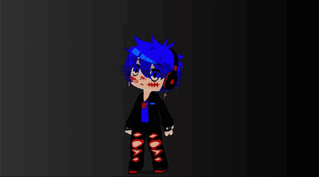 a cartoon character with blue hair and red pants is wearing headphones and a black jacket .