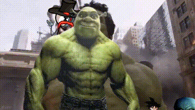 shrek and hulk are standing next to each other in a city .