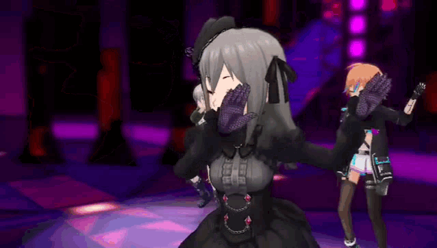 a group of anime girls are dancing in a dark room .