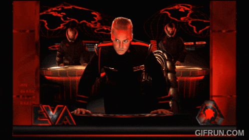 a man in a black uniform is standing in front of a eva logo
