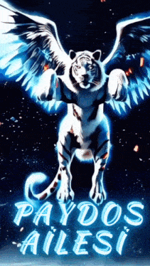 a picture of a white tiger with blue wings and the words paydos ailesi