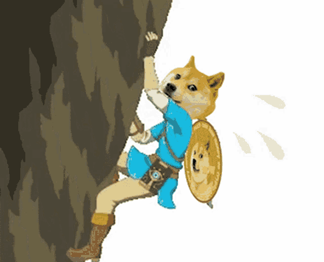 a doge with a shield is climbing up a wall