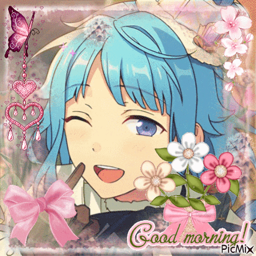 a picture of a girl with blue hair and the words good morning picmix on the bottom