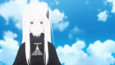 a girl with long white hair and a black cape is standing in front of a blue sky with clouds .