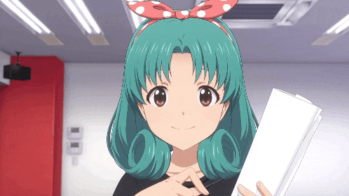 a girl with green hair and a pink bow on her head is holding a piece of paper
