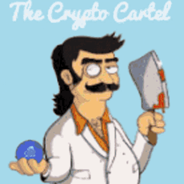 a cartoon of a man holding a bloody knife and a blue ball with the words the crypto cartel above him
